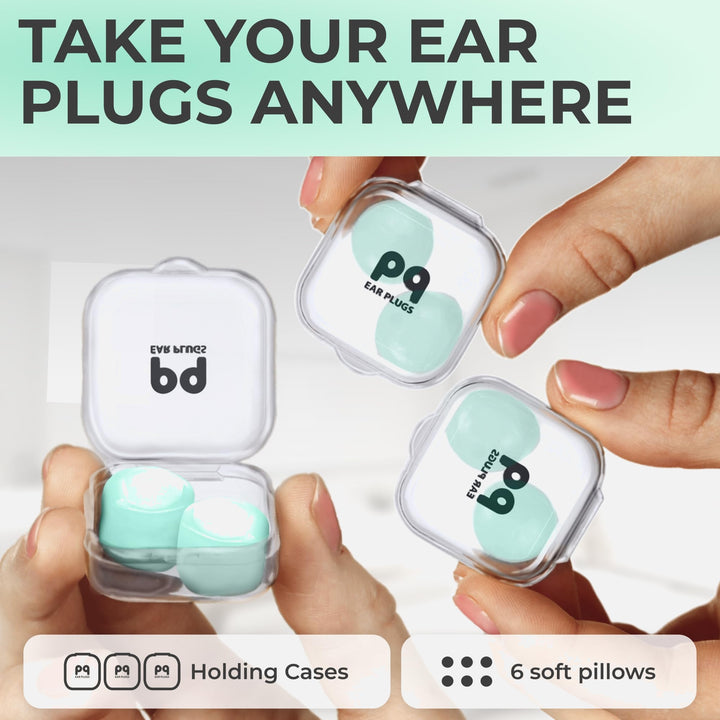 PQ Wax Ear Plugs in green, showing six moldable earplugs in three transparent mini carrying cases held in hands