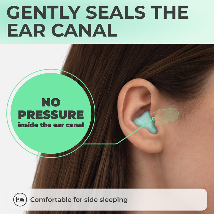 PQ Wax Ear Plugs in green shown sealing the ear canal opening, illustrating a pressure-free fit for comfortable side sleeping