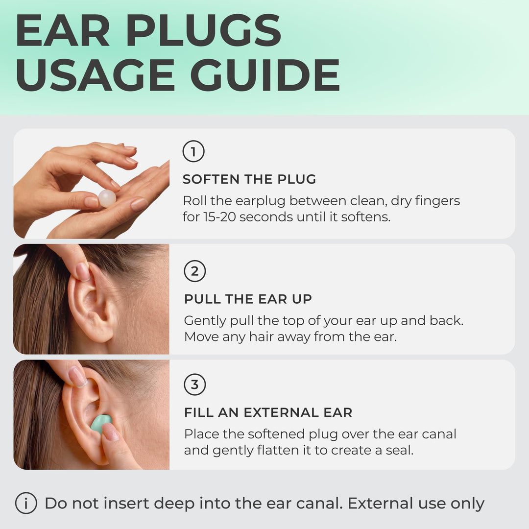 PQ Wax Ear Plugs in green with a three-step usage guide showing how to soften, position and seal the ear canal opening