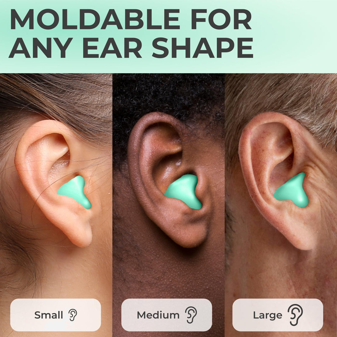 PQ Wax Ear Plugs in green shown molded to fit small, medium, and large ears, illustrating their adaptable shape
