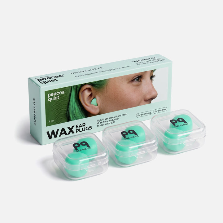 PQ Wax Ear Plugs in green, showing the retail packaging and 6 moldable earplugs in 3 transparent mini carrying cases