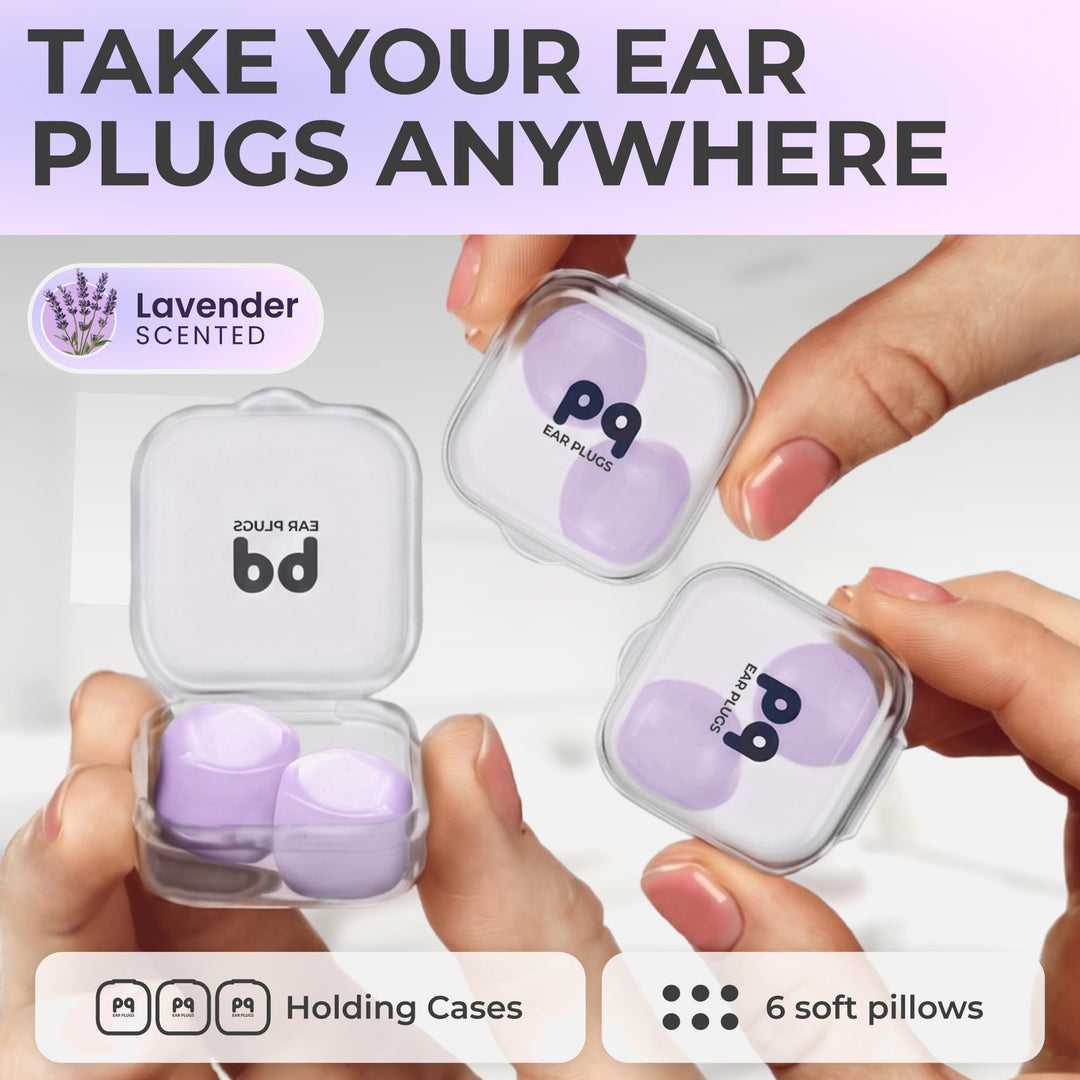PQ Wax Ear Plugs lavender-scented earplugs shown in three transparent mini carrying cases, with six earplugs in total
