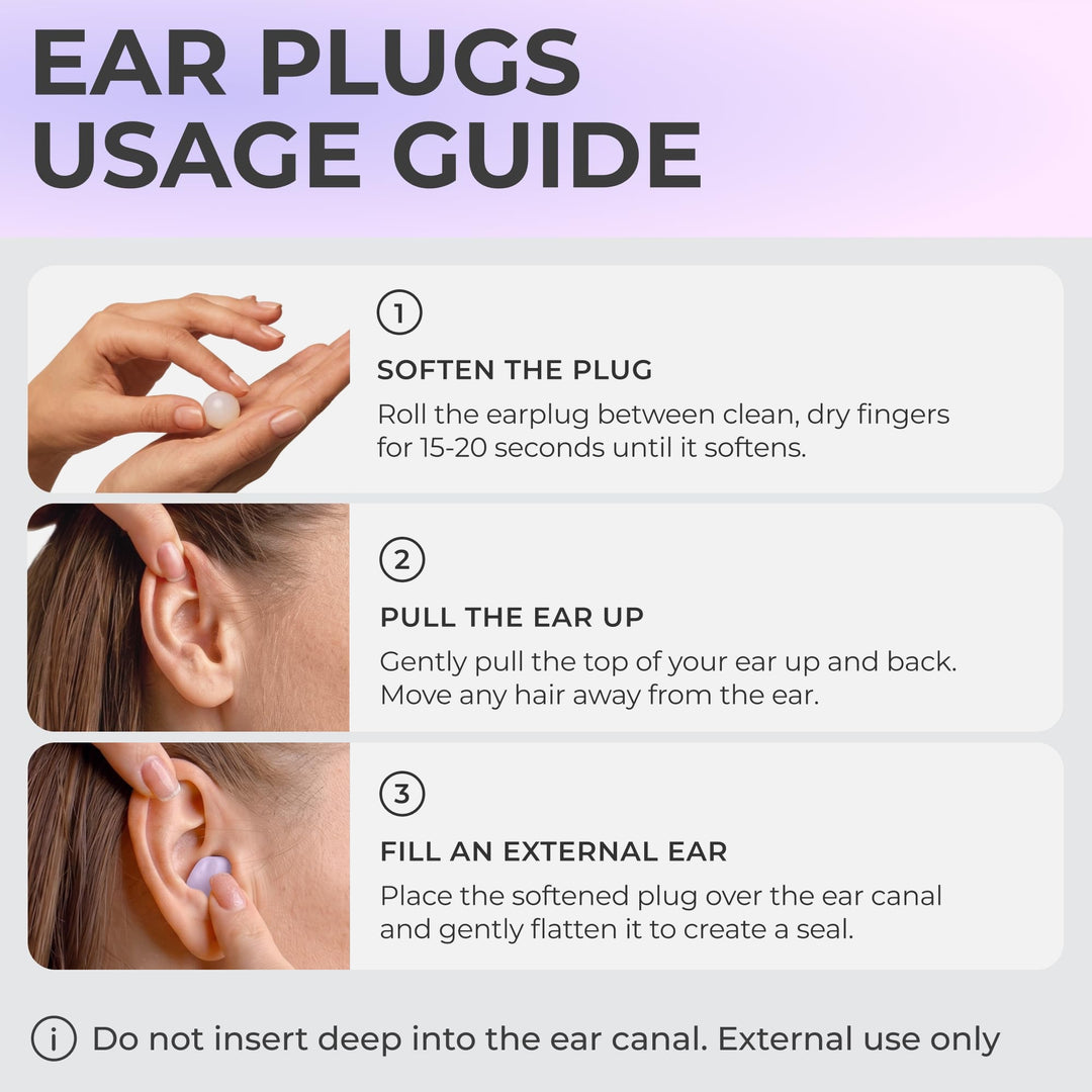 PQ Wax Ear Plugs lavender earplug usage guide showing how to soften, position and seal the ear canal opening