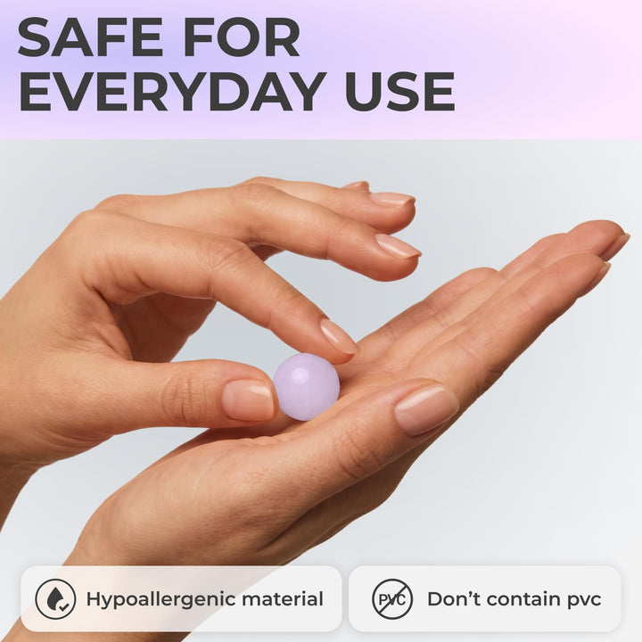 PQ Wax Ear Plugs lavender earplug being softened between fingers, with hypoallergenic and PVC-free material claims