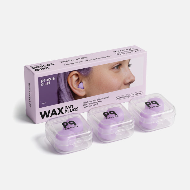 PQ Wax Ear Plugs lavender 6-pack with retail box and three clear mini cases holding six lavender earplugs