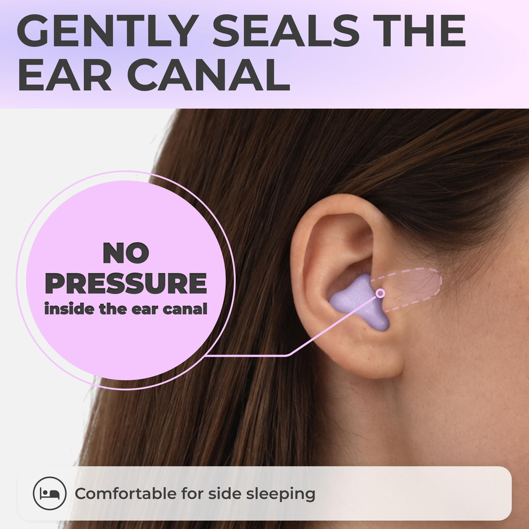 PQ Wax Ear Plugs lavender earplug molded over the outer ear, showing its low-profile fit for side sleeping