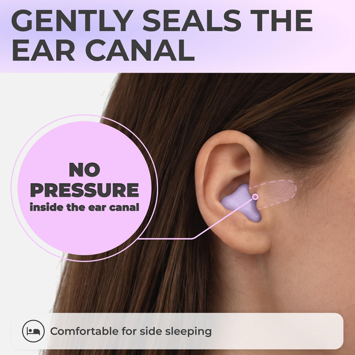 PQ Wax Ear Plugs lavender earplug molded over the outer ear, showing its low-profile fit for side sleeping