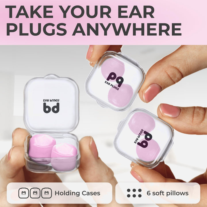 PQ Wax Ear Plugs pink moldable earplugs shown in three clear mini carrying cases, with six earplugs in total