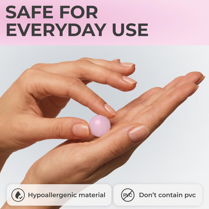 PQ Wax Ear Plugs pink moldable wax earplug being rolled between fingers, with hypoallergenic and PVC-free material claims