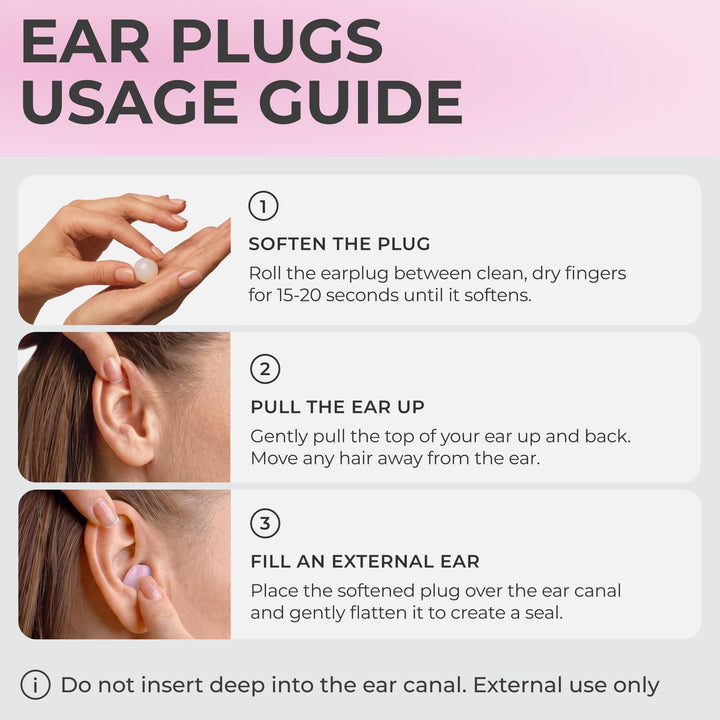 PQ Wax Ear Plugs illustrated usage guide showing how to soften, position, and mold the earplug over the ear canal opening