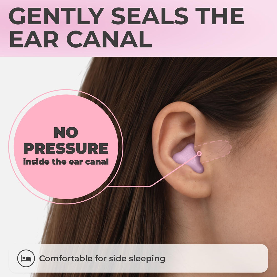 PQ Wax Ear Plugs pink moldable earplug covering the ear canal opening, illustrating a gentle seal for side sleeping