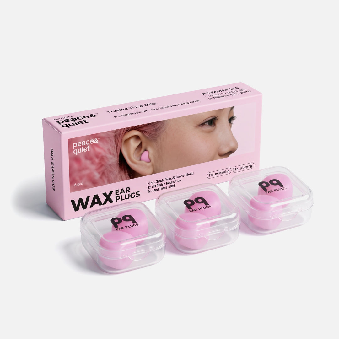 PQ Wax Ear Plugs pink 6-pack with retail box and three clear mini cases holding six lavender earplugs