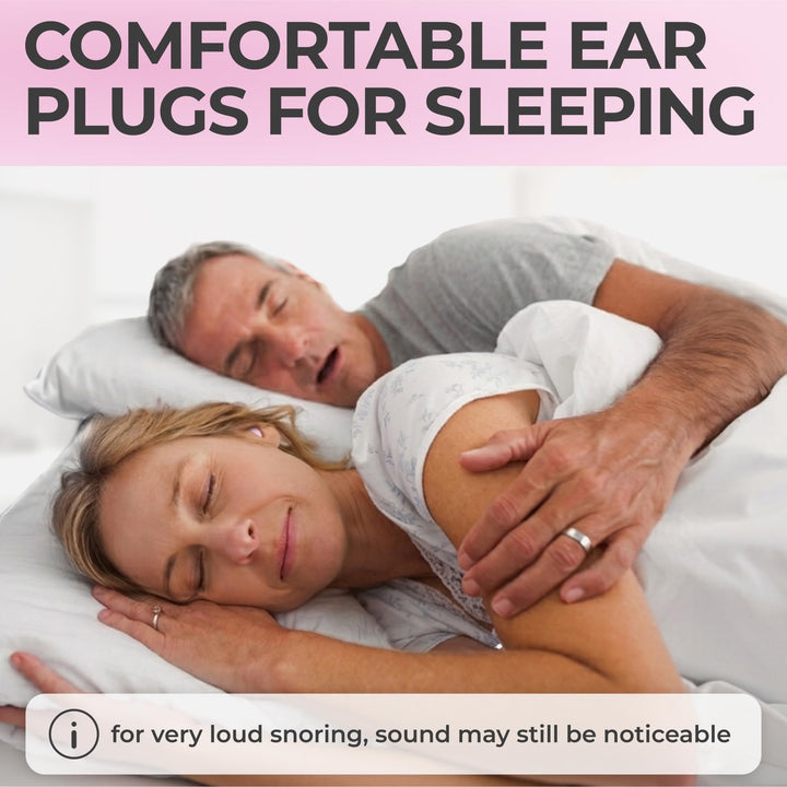 PQ Wax Ear Plugs pink earplugs for sleeping, illustrated by a woman resting beside a snoring partner