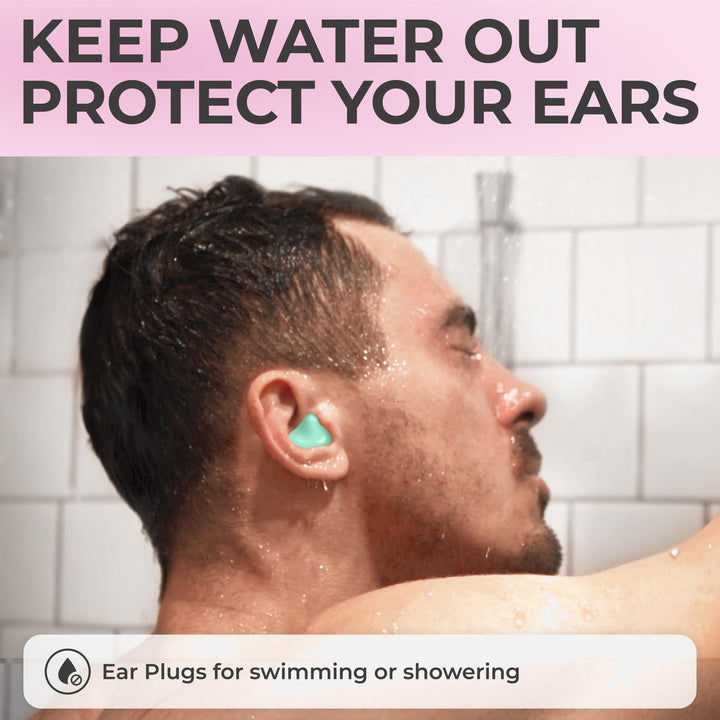 PQ Wax Ear Plugs worn in the ear during a shower, showing a turquoise earplug and water protection messaging