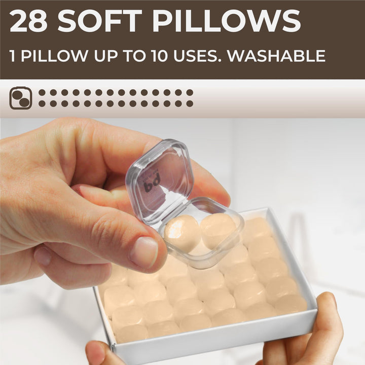 PQ Wax Ear Plugs skin tone with 28 soft wax pillows, washable and reusable earplugs shown with portable carrying case