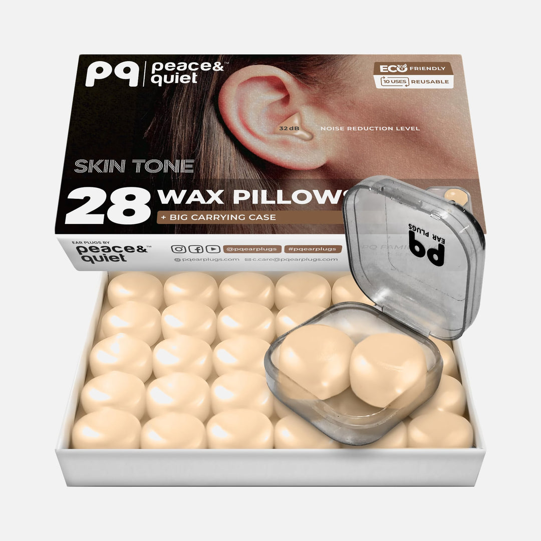PQ Wax Ear Plugs skin tone with 28 wax pillows and clear carrying case, reusable moldable earplugs for noise reduction.
