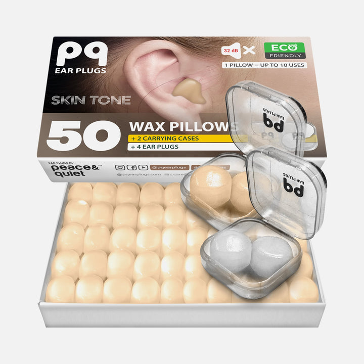 PQ Wax Ear Plugs Skin Tone – 50 wax pillows with 2 carrying cases for noise reduction, sleep, and ear protection.