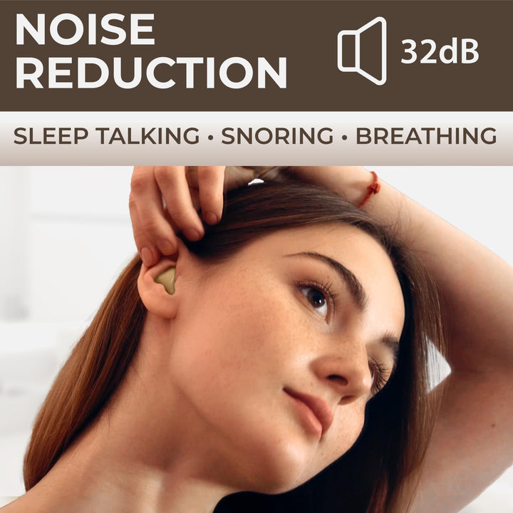 PQ Wax Ear Plugs skin tone providing 32dB noise reduction for sleep, reducing snoring, sleep talking, and breathing noise