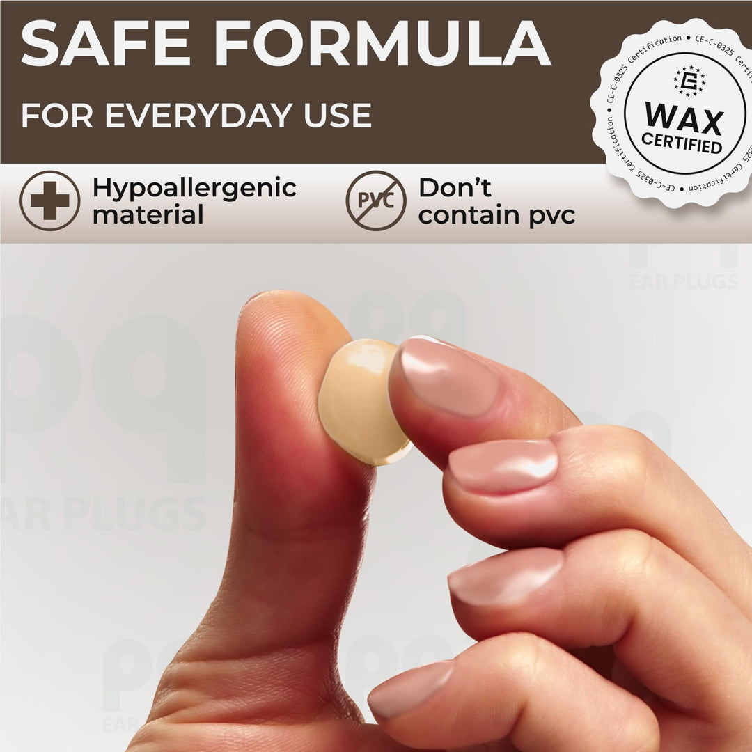 PQ Wax Ear Plugs skin tone made from hypoallergenic silicone wax, PVC-free and safe for comfortable everyday use