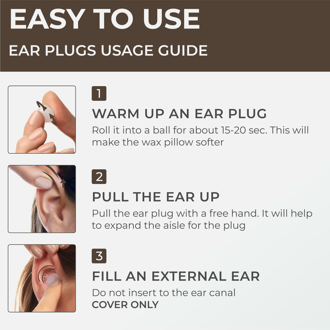 PQ Wax Ear Plugs usage guide showing how to warm, fit, and mold wax earplugs correctly for comfort and noise reduction