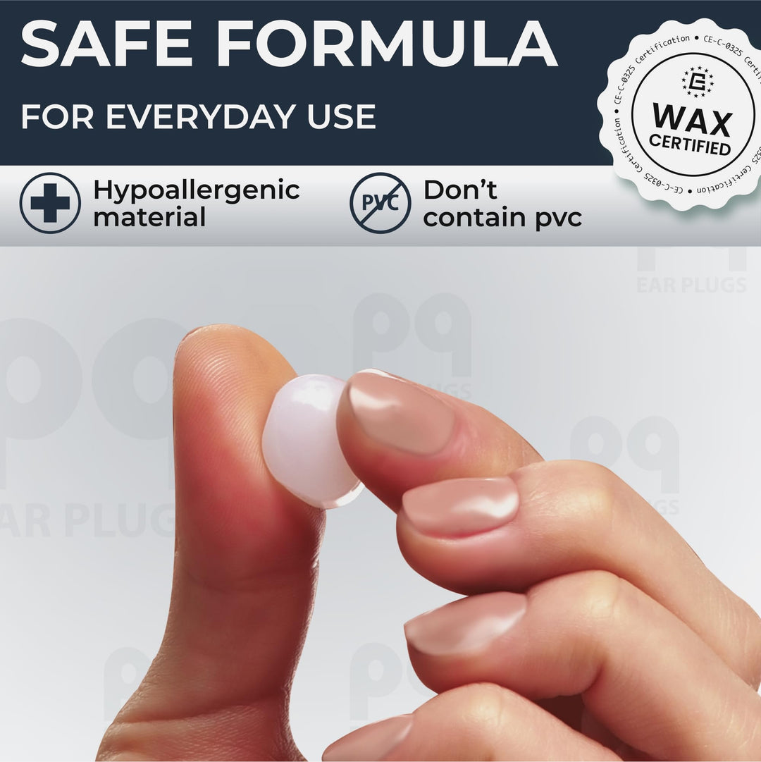 PQ Wax Ear Plugs white moldable earplug held between fingers, showing its smooth rounded shape