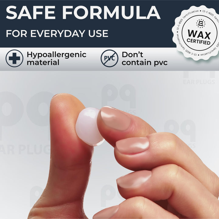 PQ Wax Ear Plugs white moldable earplug held between fingers, showing its smooth rounded shape