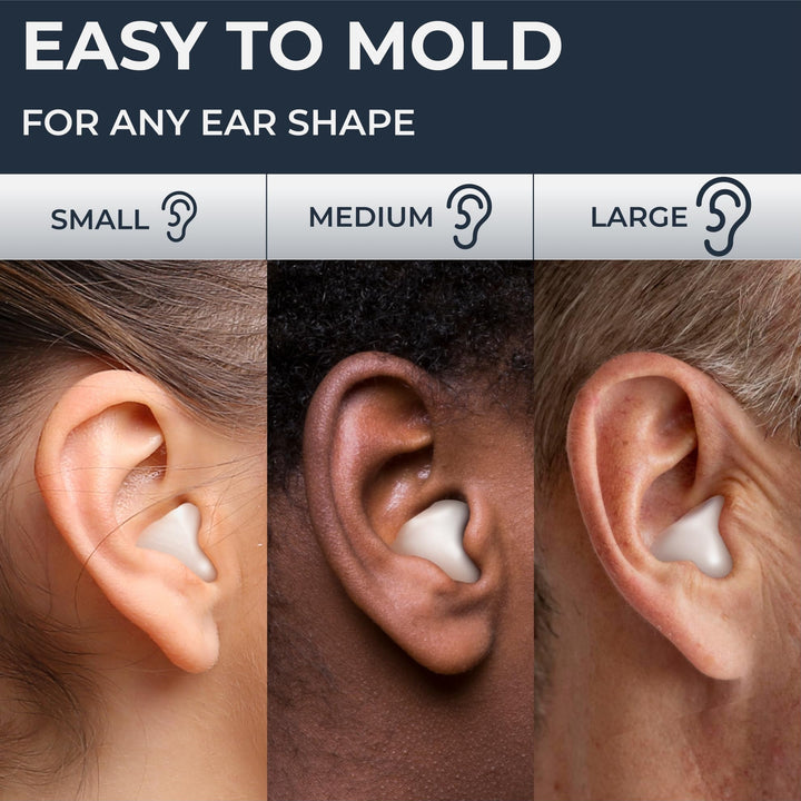 PQ Wax Ear Plugs white earplugs molded to fit small, medium, and large ear shapes
