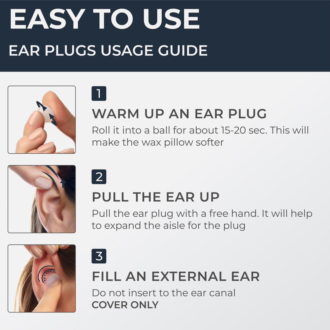 PQ Wax Ear Plugs white earplugs shown in three steps: warm, pull the ear up, and mold over the outer ear