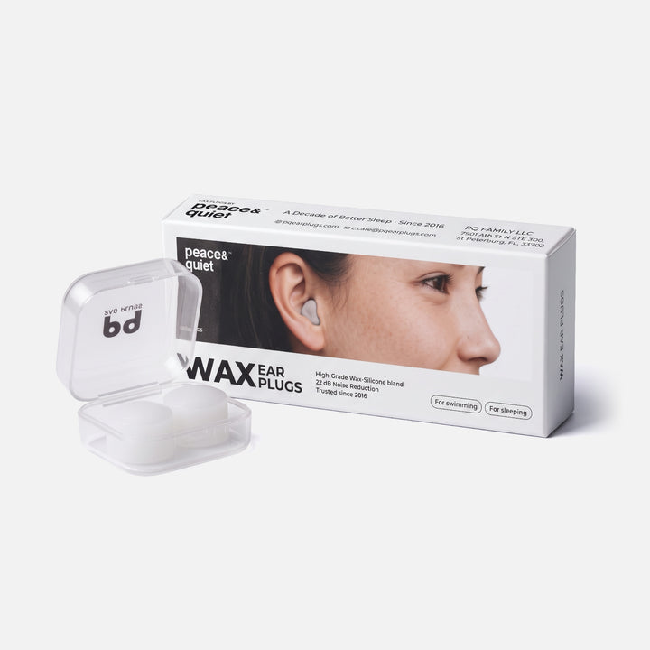 PQ Wax Ear Plugs white variant with retail box and open clear mini case holding two white earplugs