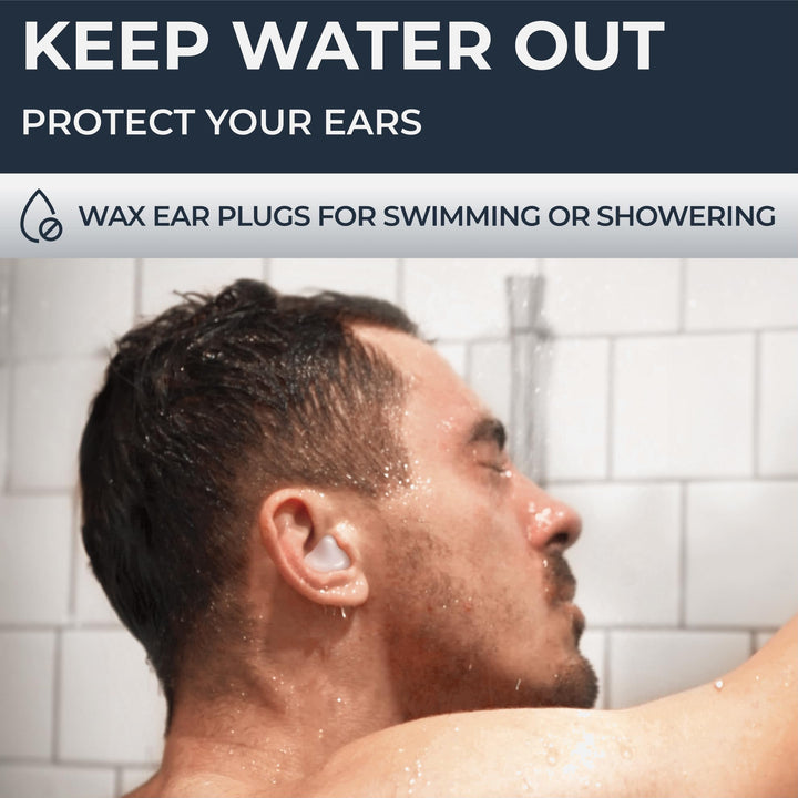PQ Wax Ear Plugs white earplug worn while showering, showing the moldable fit over the outer ear