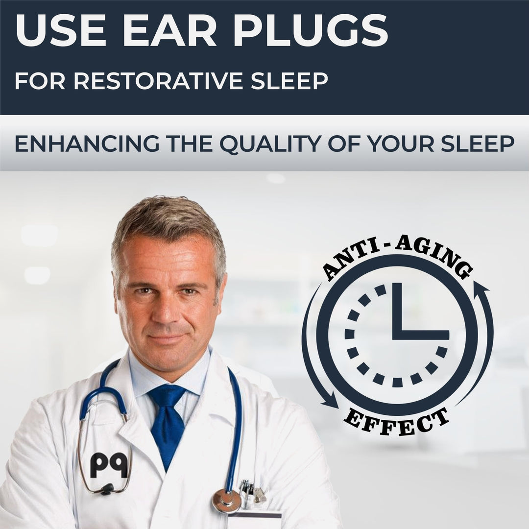 PQ Wax Ear Plugs white variant shown in a sleep benefits graphic with a doctor figure and clock icon