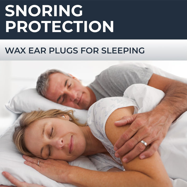 PQ Wax Ear Plugs white variant shown in a sleep lifestyle image with a couple resting in bed