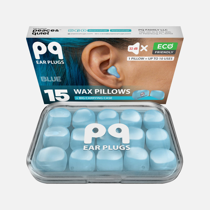 PQ Ear Plugs 15 Blue Wax Pillows with carrying case – eco-friendly, reusable up to 10 times, 32 dB noise-canceling.