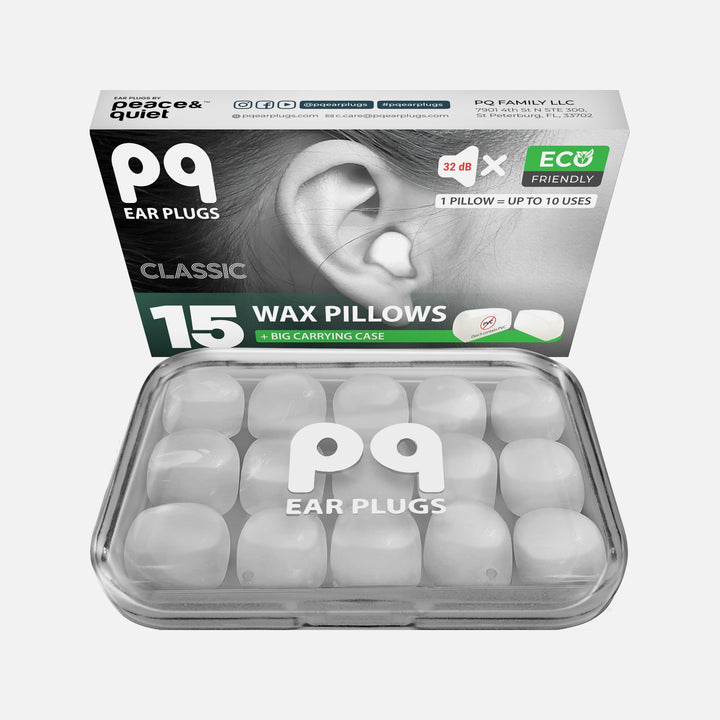 PQ Ear Plugs 15 White Wax Pillows with carrying case – eco-friendly, reusable up to 10 times, 32 dB noise-canceling.