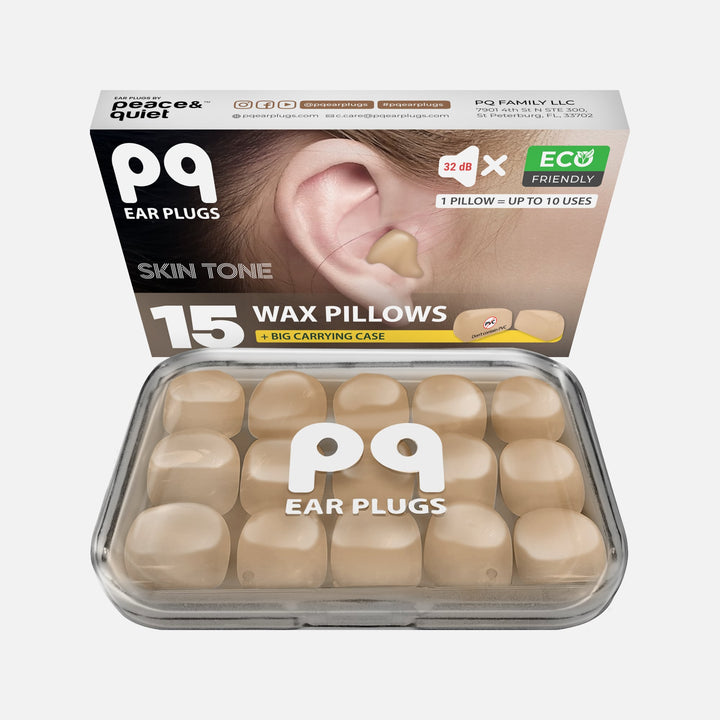 PQ Ear Plugs 15 Skin Tone Wax Pillows with carrying case – eco-friendly, reusable up to 10 times, 32 dB noise-canceling.