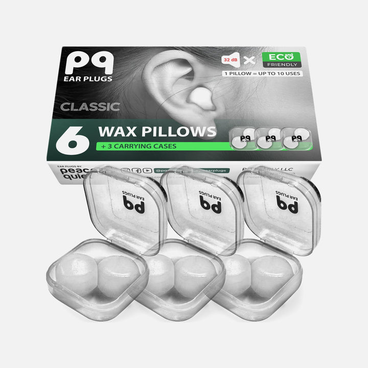 PQ Wax Ear Plugs Classic with 6 pillows and 3 carrying cases, designed for noise cancellation, sleep comfort, and ear protection.