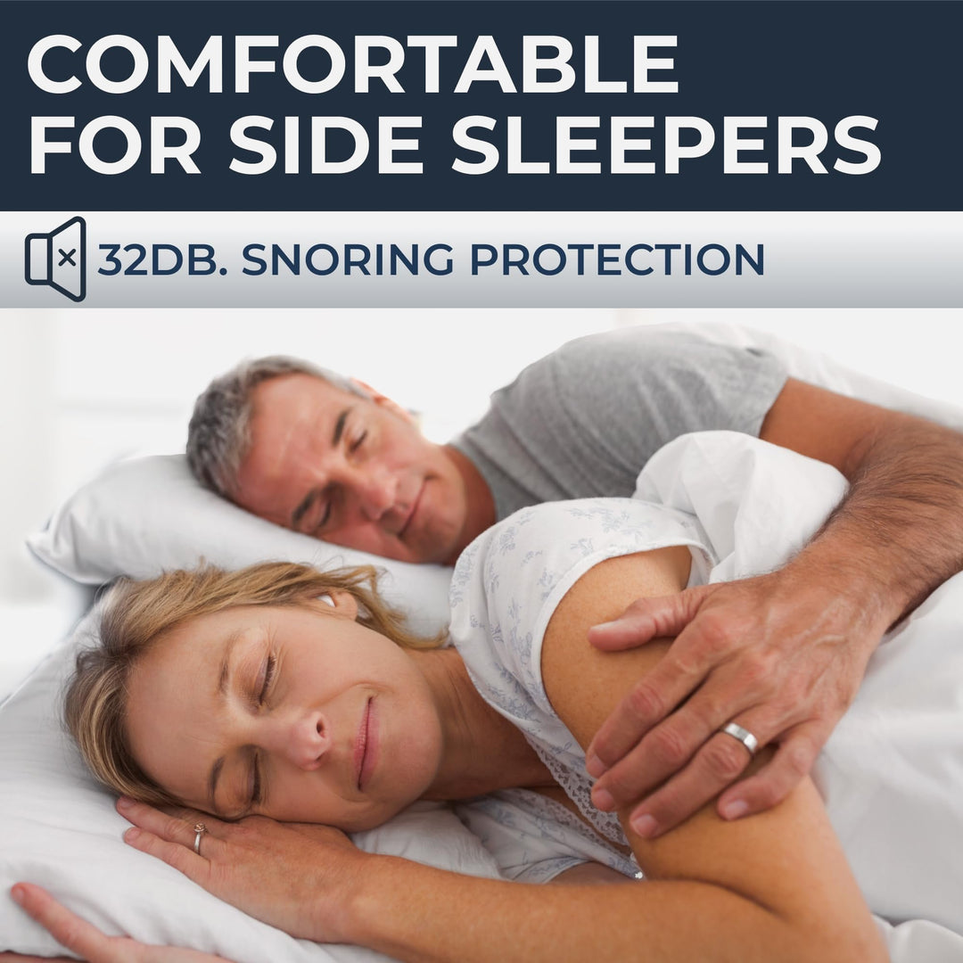 PQ Wax Ear Plugs worn by side sleepers to reduce snoring noise with 32 dB protection for comfortable, uninterrupted sleep