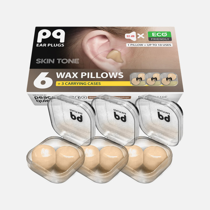 Skin-tone PQ wax ear plugs with 6 pillows and 3 carrying cases for noise cancellation, swimming, and sleep comfort.