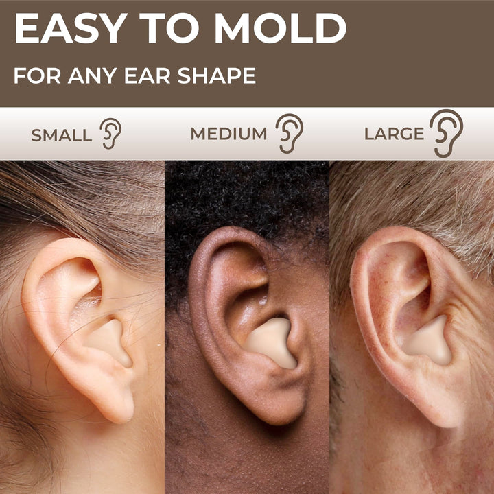 Moldable earplugs for a customized, comfortable fit, suitable for small, medium, and large ears.