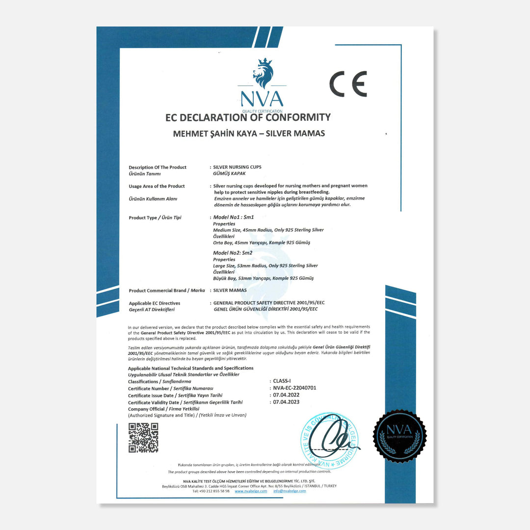 Silver Mamas CE certification document for 925 sterling silver nursing cups, ensuring quality and safety standards.