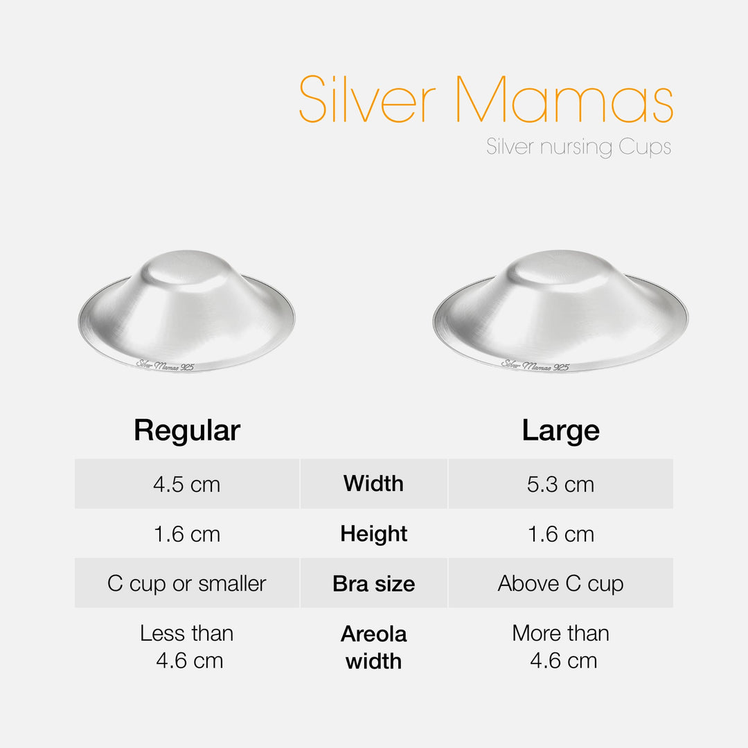 Silver Mamas nursing cups size chart comparing regular and large sizes with dimensions and bra size recommendations.