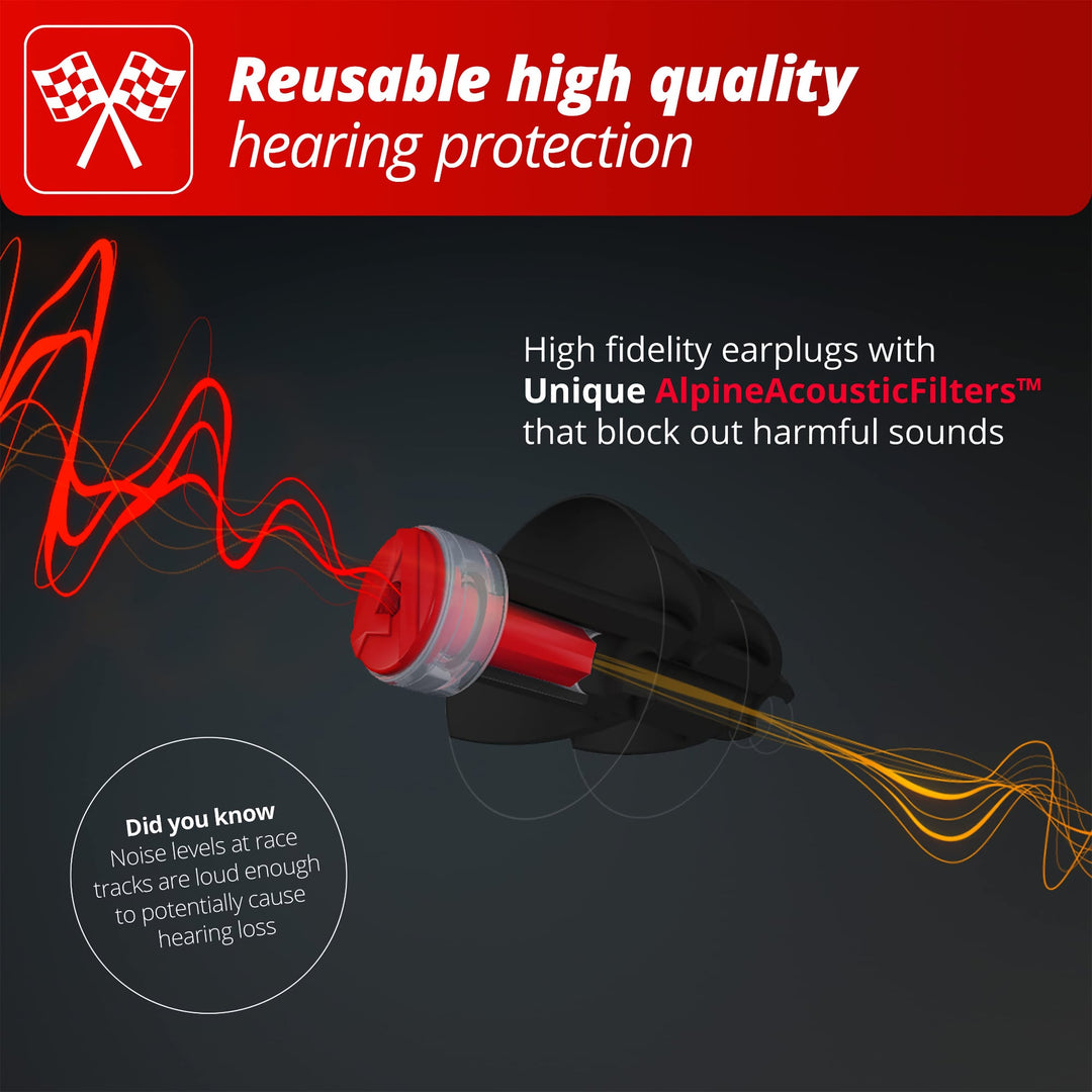 Alpine Formula 1® Racing Pro Earplugs offering reusable, high-quality hearing protection with unique AlpineAcousticFilters™ to block harmful sounds.