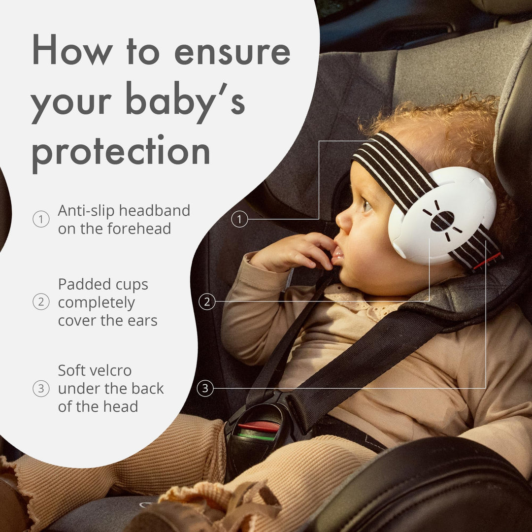 How to ensure baby’s protection with Alpine Muffy Baby Earmuffs: anti-slip headband on the forehead, padded cups covering the ears, and soft velcro under the back of the head.