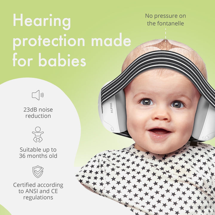 Alpine Muffy Baby Earmuffs in black, providing hearing protection for babies with no pressure on the fontanelle, featuring 23dB noise reduction, suitable for up to 36 months, ANSI and CE certified.