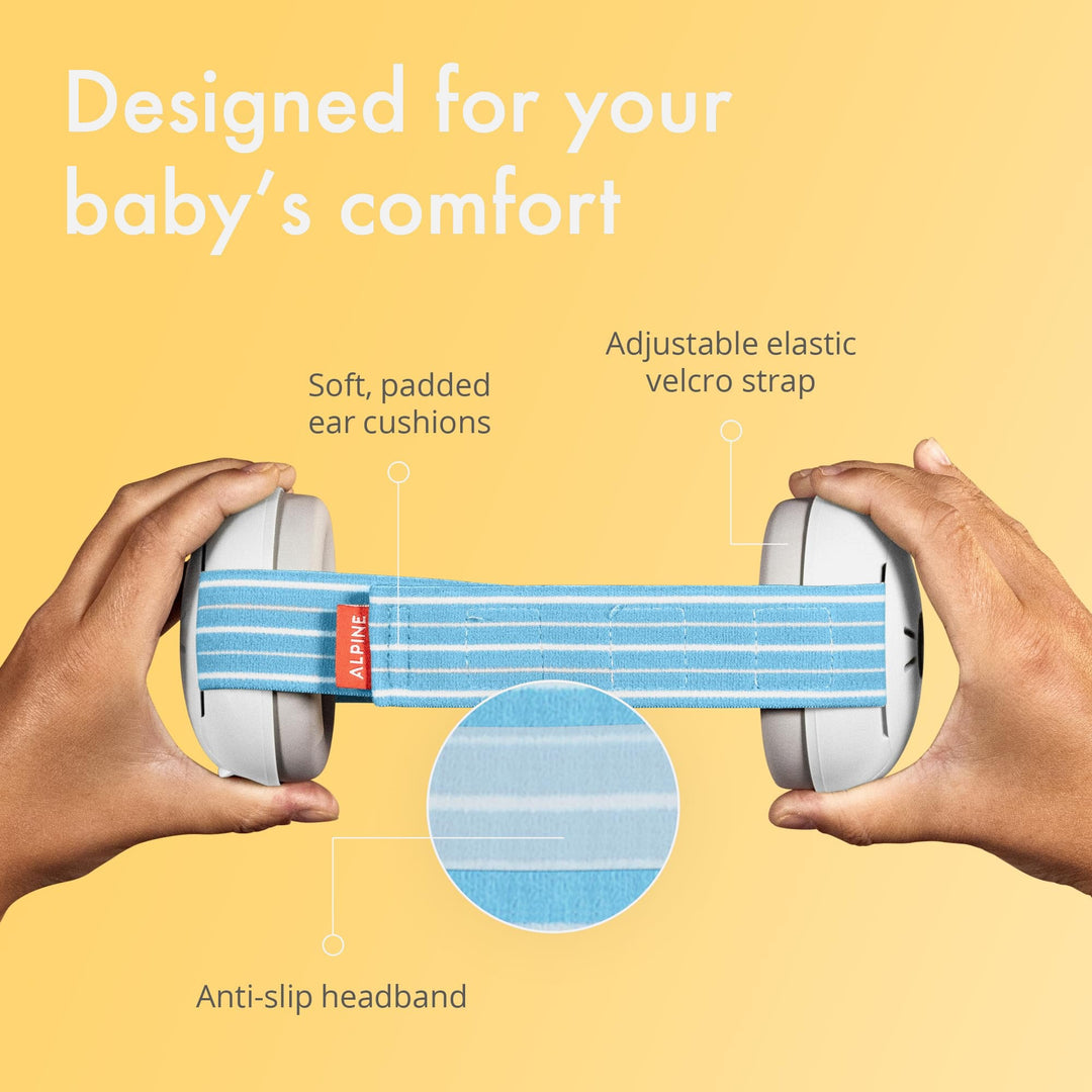 Alpine Muffy Baby Earmuffs in blue, designed for baby’s comfort with soft padded ear cushions, adjustable elastic velcro strap, and anti-slip headband.