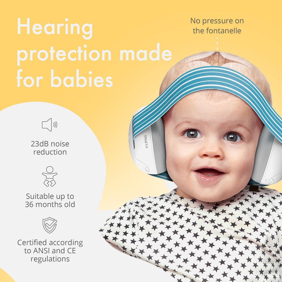 Alpine Muffy Baby Earmuffs in blue, providing hearing protection for babies with no pressure on the fontanelle, featuring 23dB noise reduction, suitable for up to 36 months, ANSI and CE certified.