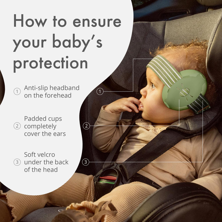 How to ensure baby’s protection with Alpine Muffy Baby Earmuffs: anti-slip headband on the forehead, padded cups covering the ears, and soft velcro under the back of the head.