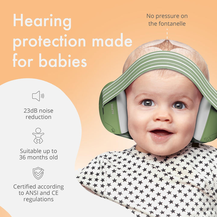 Alpine Muffy Baby Earmuffs in green, providing hearing protection for babies with no pressure on the fontanelle, featuring 23dB noise reduction, suitable for up to 36 months, ANSI and CE certified.