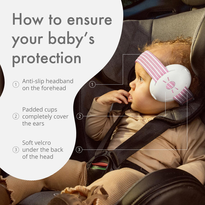 How to ensure baby’s protection with Alpine Muffy Baby Earmuffs: anti-slip headband on the forehead, padded cups covering the ears, and soft velcro under the back of the head.