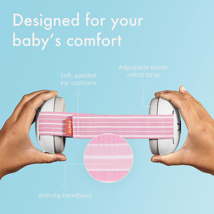 Alpine Muffy Baby Earmuffs in pink, designed for baby’s comfort with soft padded ear cushions, adjustable elastic velcro strap, and anti-slip headband.